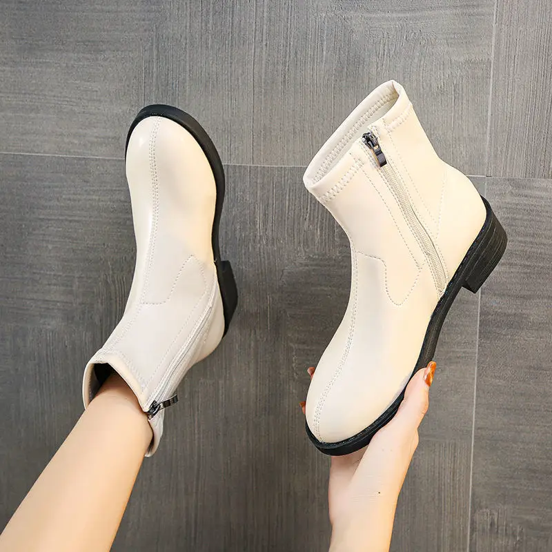 Booties Waterproof Footwear Elegant with Medium Heels White Short Shoes for Women Leather Female Ankle Boots Autumn Boot Chic Pu