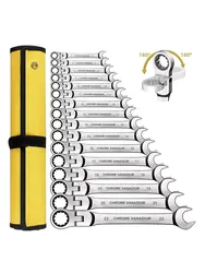Movable Head Ratchet Set with Multiple Large Size Wrenches, Multi-Piece Set, 16 Piece Metric 6-22mm, 72 Teeth, Cr-V Steel, Hardw