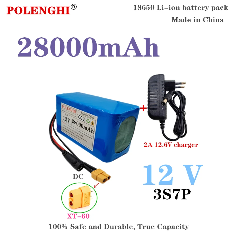 

100% true capacity XT-60 12V 28000mAh 18650 lithium-ion rechargeable battery pack 28Ah 3S7P with BMS+12.6V 2A charger