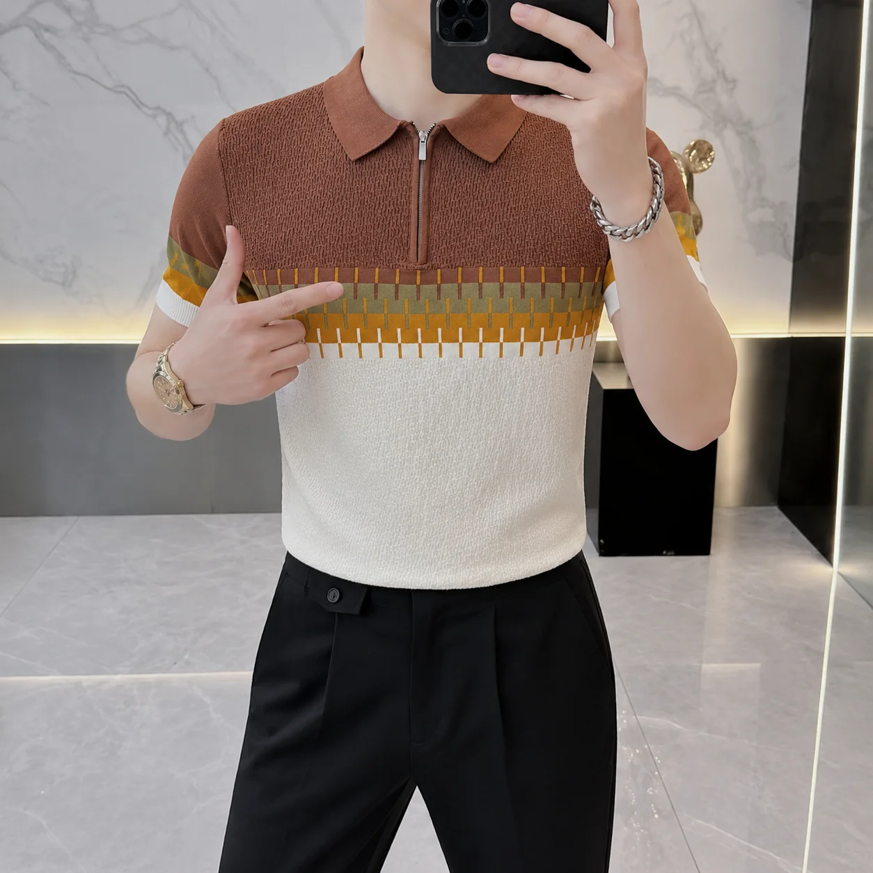 Summer Knitted Jacquard Half Zipper Polo Shirts Men High Quality Leisure Business T-shirt Ice Silk Comfortable Social Office Top