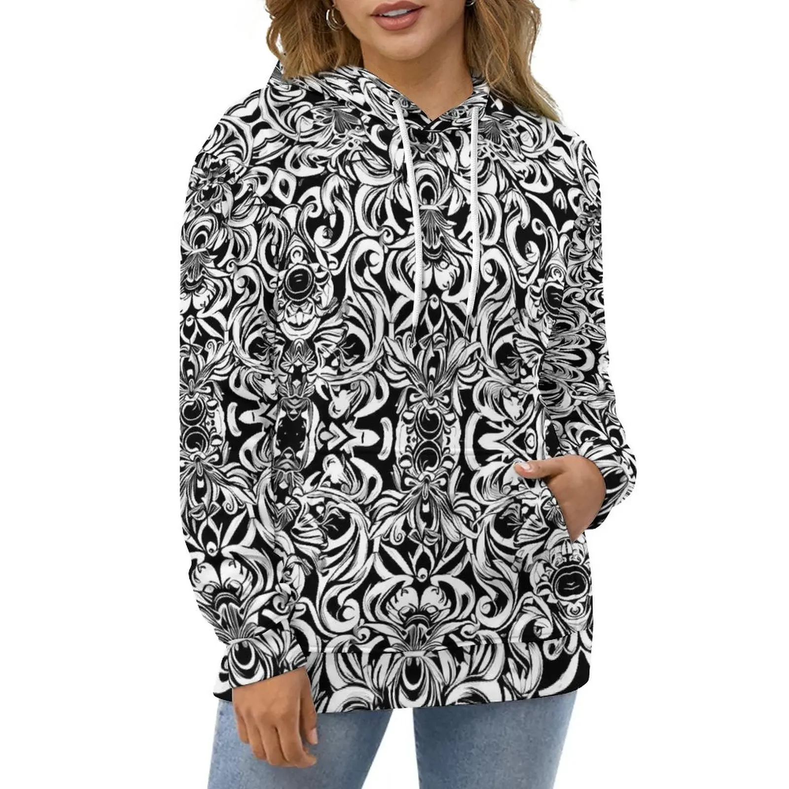 

Baroque Print Hoodies White Floral Hip Hop Oversize Hoodie Unisex Long Sleeve Y2k Custom Casual Sweatshirts