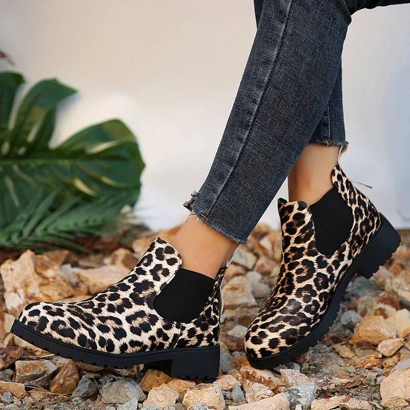 Fashion Leopard Chelsea Boots for Women 2023 Autumn Low Heels Woman Large Size Non-Slip Pu Leather Ankle Botas Mujer