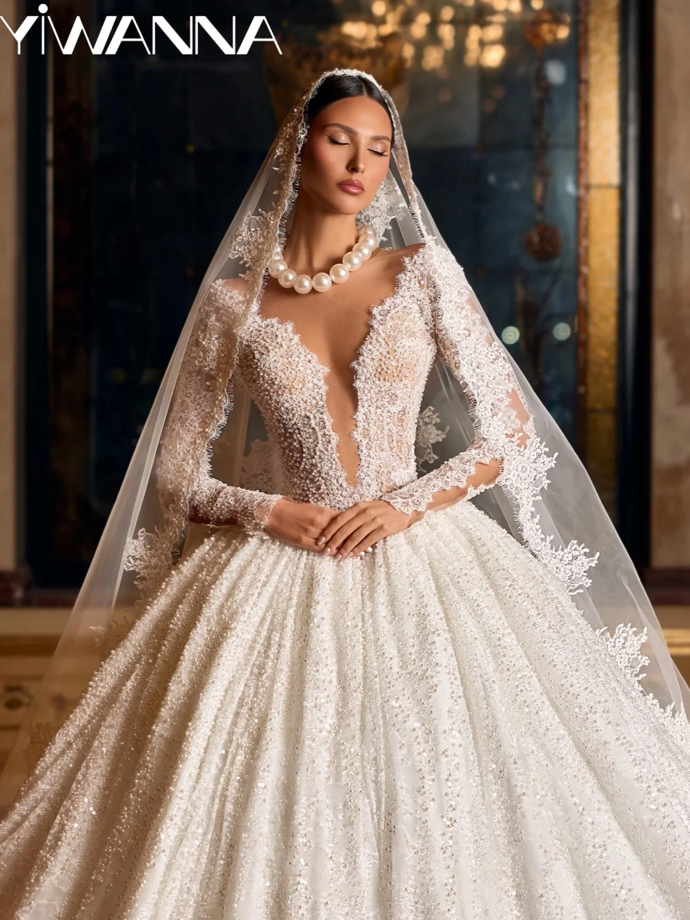 

Dazzling Pearls Lace Princess Wedding Dress Illusion Vneck Long Sleeve Bridal Gown Customized Gorgeous Dreamy Dresses For Bride