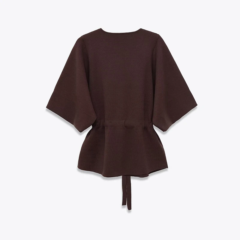 Vintage Brown Puff Sleeve Knit Sweater For Women Round Neck Drawstring Waist Elegant Pullover Tops