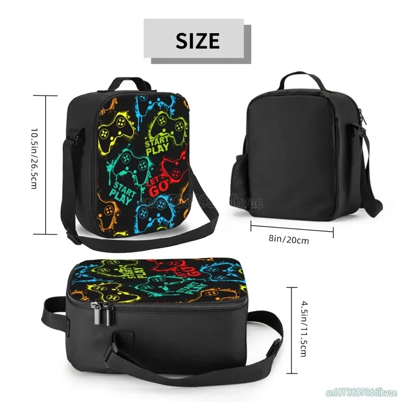 Colorful Video Game Lunch Bags Thermal Lunch Box Insulated Cooler Bag Reusable Tote Shoulder Bag for Outdoor Picnic Meal Office