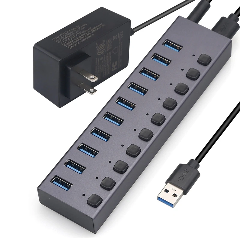 USB3.0 Splitter 10Port Charging Multi-Interface HUB With Switch And Power Supply-US Plug Easy To Use