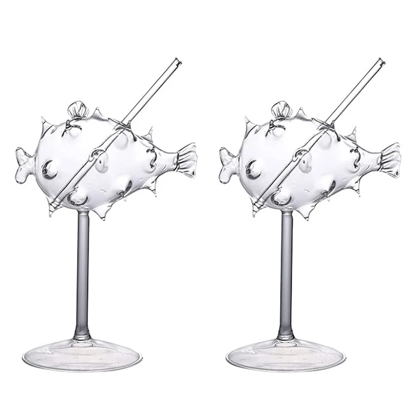 2PCS Creative Puffer Fish Cocktail Glasses Puffer Fish Shaped Drinks Cups Set of 2