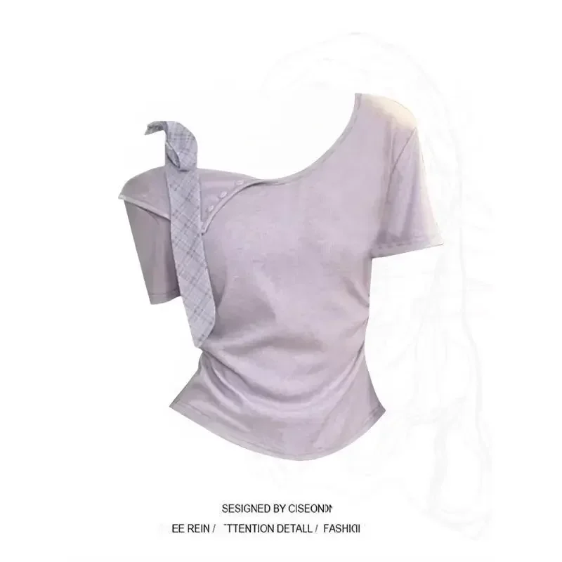 프랑스어 새로운 달콤한 불규칙한 나비 넥타이 여름 나비 티셔츠 디자인 슬림 반팔 탑