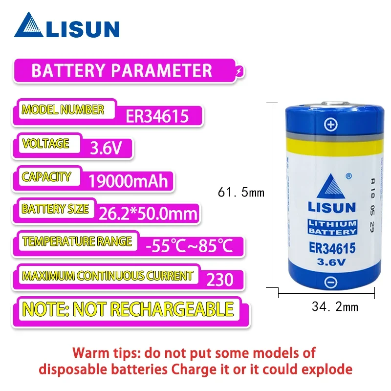 ER34615 D 3.6V disposable lithium battery for smart water and gas meters flow meters GPS locator sensors