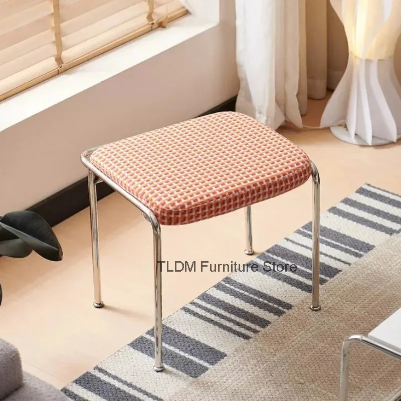 Checkered Upholstered Cushion Stool, Curved Metal Tube Frame Square Padded Footrest Bench for Vanity Living Room Entryway Use