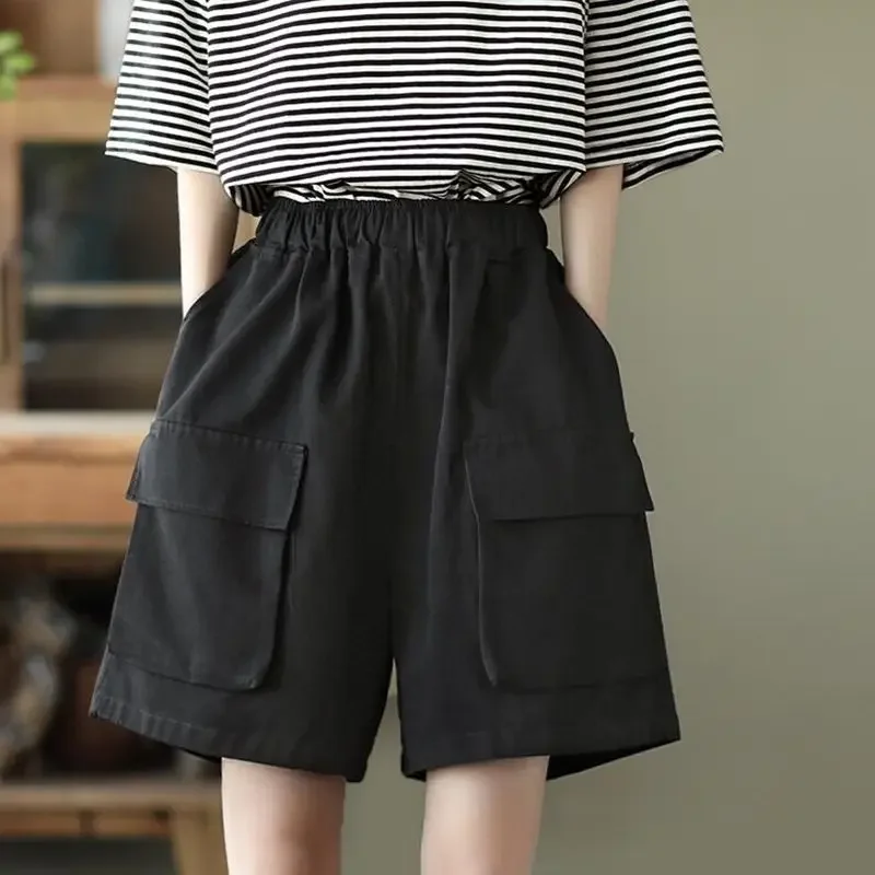 Women Simple Casual Pockets Cotton Wide Leg Short Pants Trendy Streetwear High Waist Loose Shorts Pantalones Cortos Ropa L67