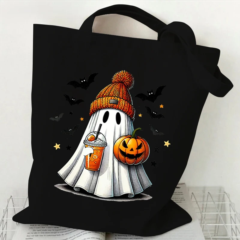 Women\'s Tote Bag Halloween Retro Ghost Coffee Pumpkin Print Canvas Cartoon Shopping Bags The Boo Horror Commuter Shoulder Bag