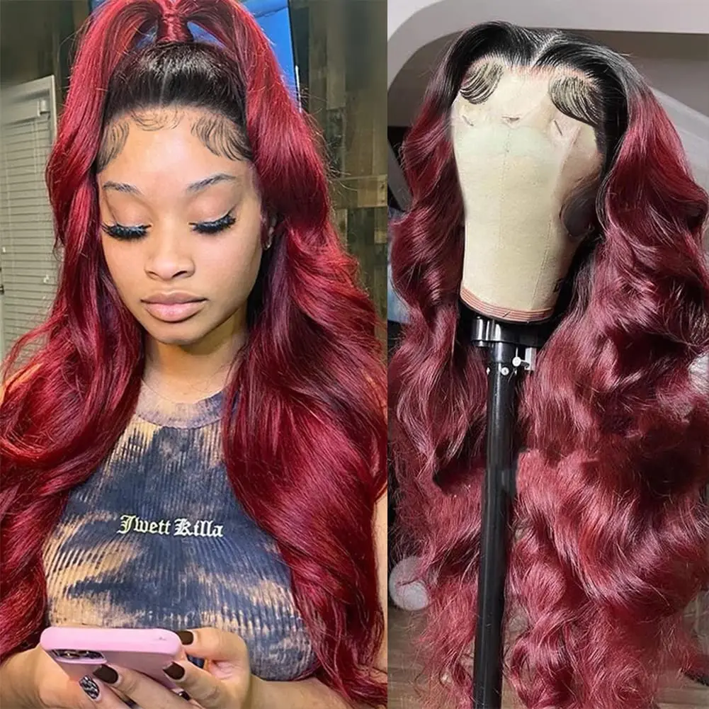 

T1B/99J Body Wave Human Hair Wigs Transparent Lace 13X4 Dark Roots Burgundy Body Wave Wig Pre Plucked Hairline For Women