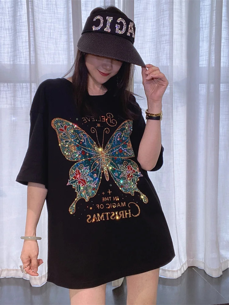 Summer New Shiny Butterfly Diamond T-shirt Women Round Neck Hot Drilling Mid-long Pullover Fashion Casual Basic Tees