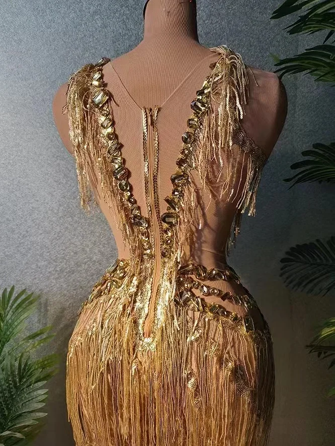 Birthday Outfit Singer Dancer Performance Costume Stage Wear Sparkly Gold Sequins Rhinestones Rompers Women Sleeveless Jumpsuit