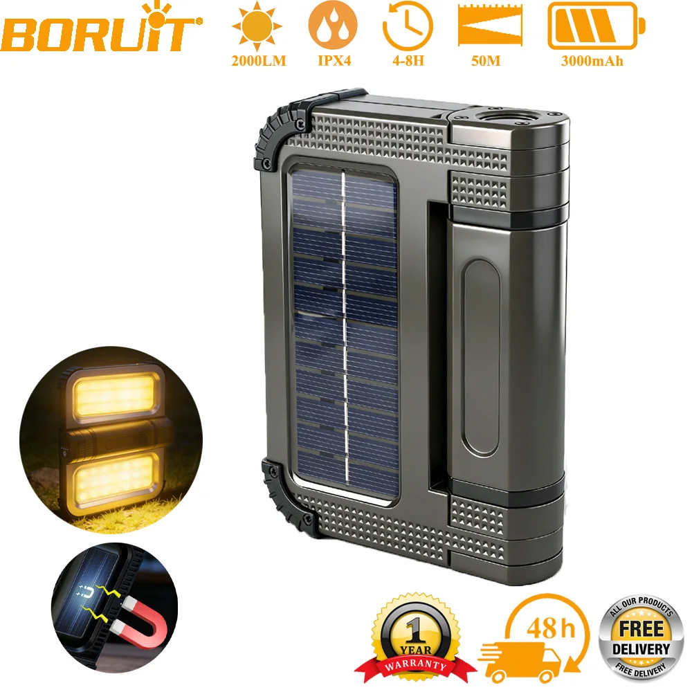 

Светодиодный солнечный фонарь BORUiT для кемпинга, 5000 мАч, с USB-зарядкой от солнца, портативный, для походов, аварийный, водонепроницаемый, подвесной