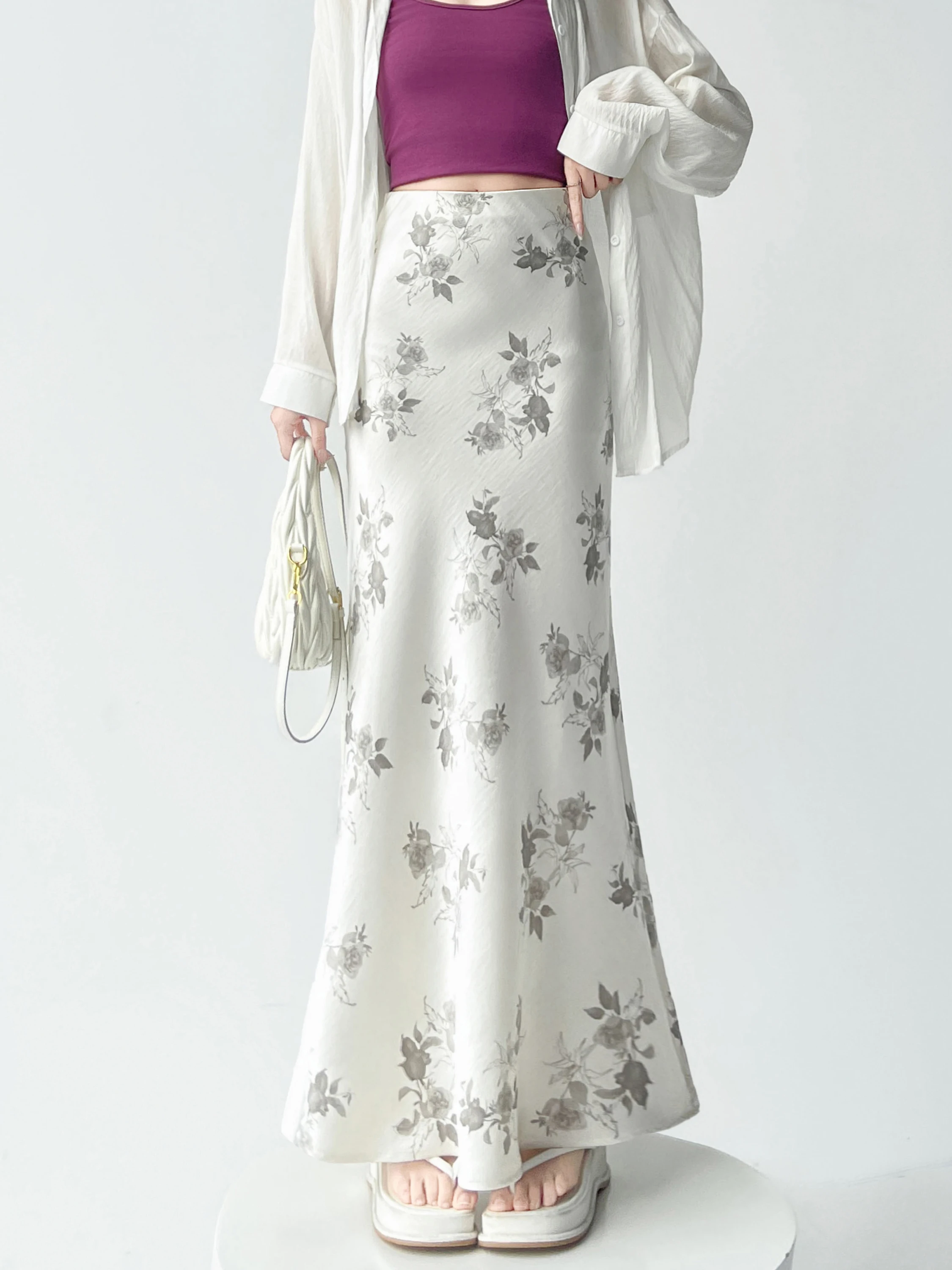 

Acetate Satin Fish Tail Half Skirt Women's High Waist Slimming Drapey Print A-Line Long Skirt Summer 2026 New Style Commute K...