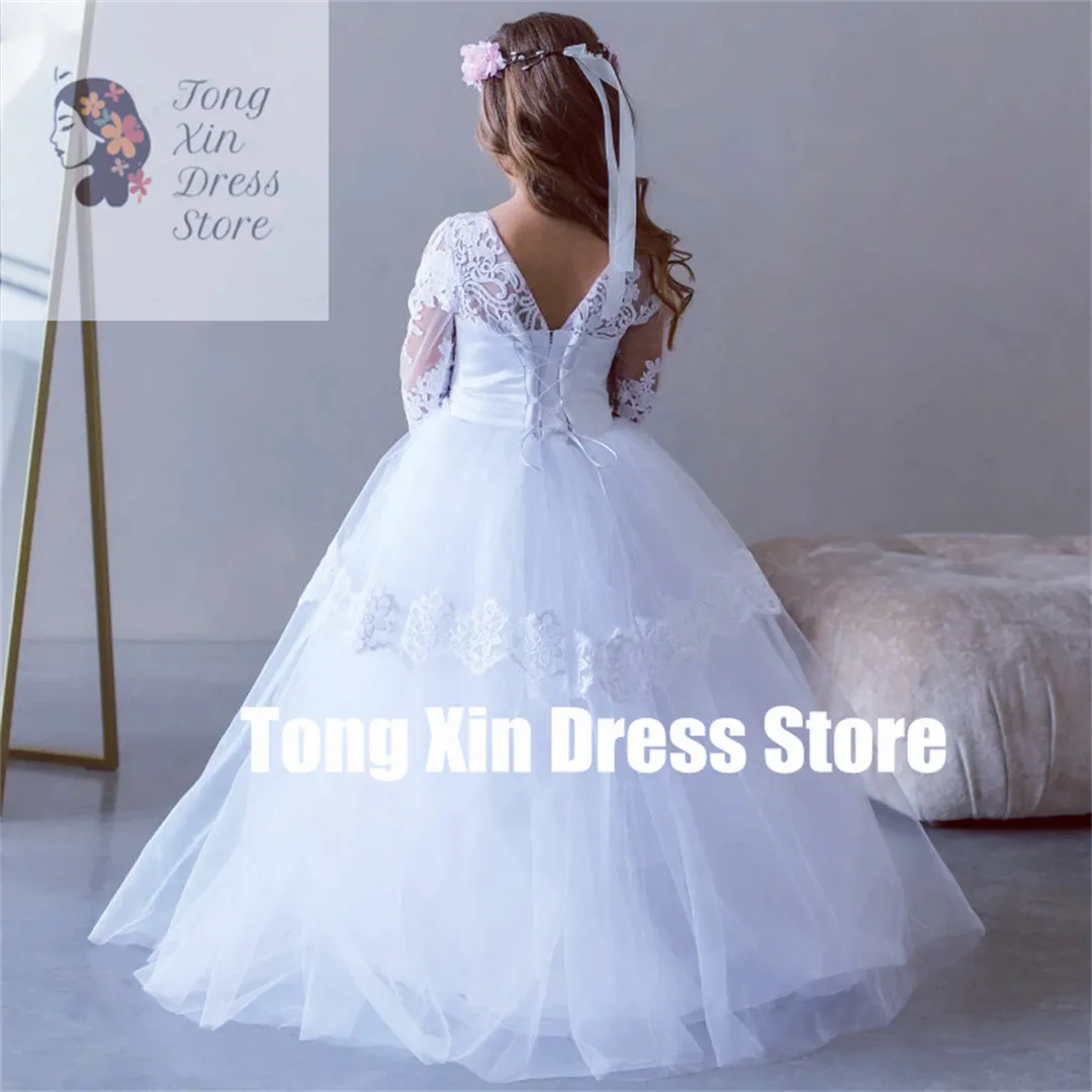 Customized White Tulle Pearls Belt Long Sleeve Flower Girl Dresses Lace Appliques For Wedding Birthday Party Holy Communion Gown