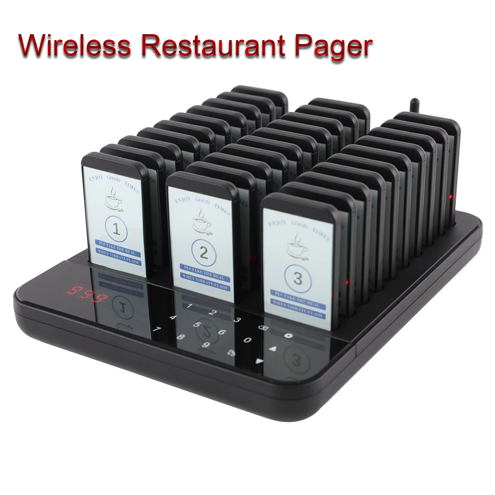 Wireless Restaurant Pager System Waterproof Queue Paging Calling System 30 Vibration Buzzers Easy Clean for Coffee Shop Food Bar