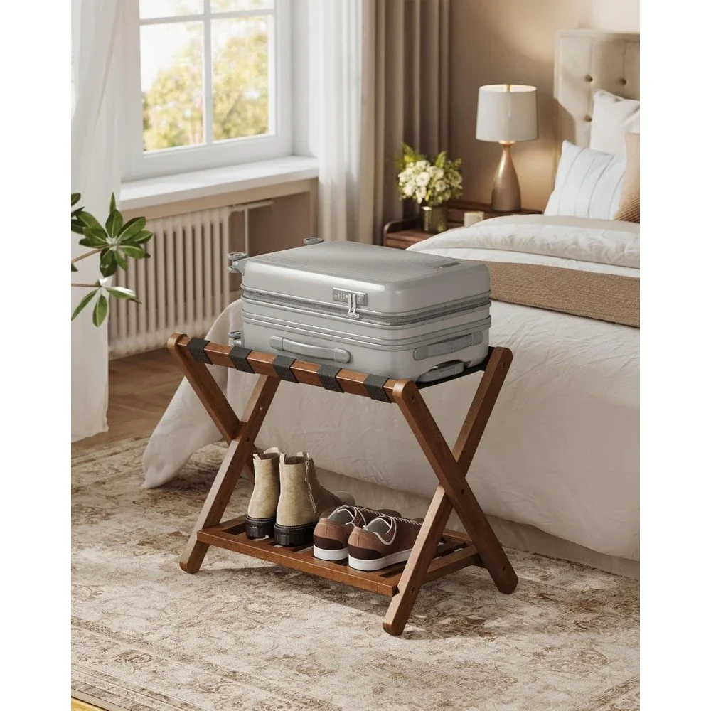 

Solid Wood Luggage Rack, No Assembly Required, Foldable Suitcase Stand with Storage Shelf, for Guest Room, Hotel, Bedroom