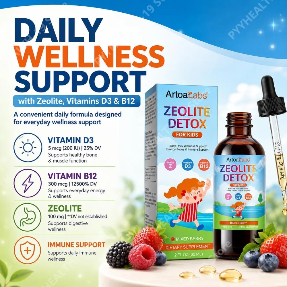 ArtoaLabs Kids Zeolite Drops with Clinoptilolite, D3 & B12 for Daily Energy, Focus & Immune Support, Mixed Berry, 2 Fl Oz (60ml)