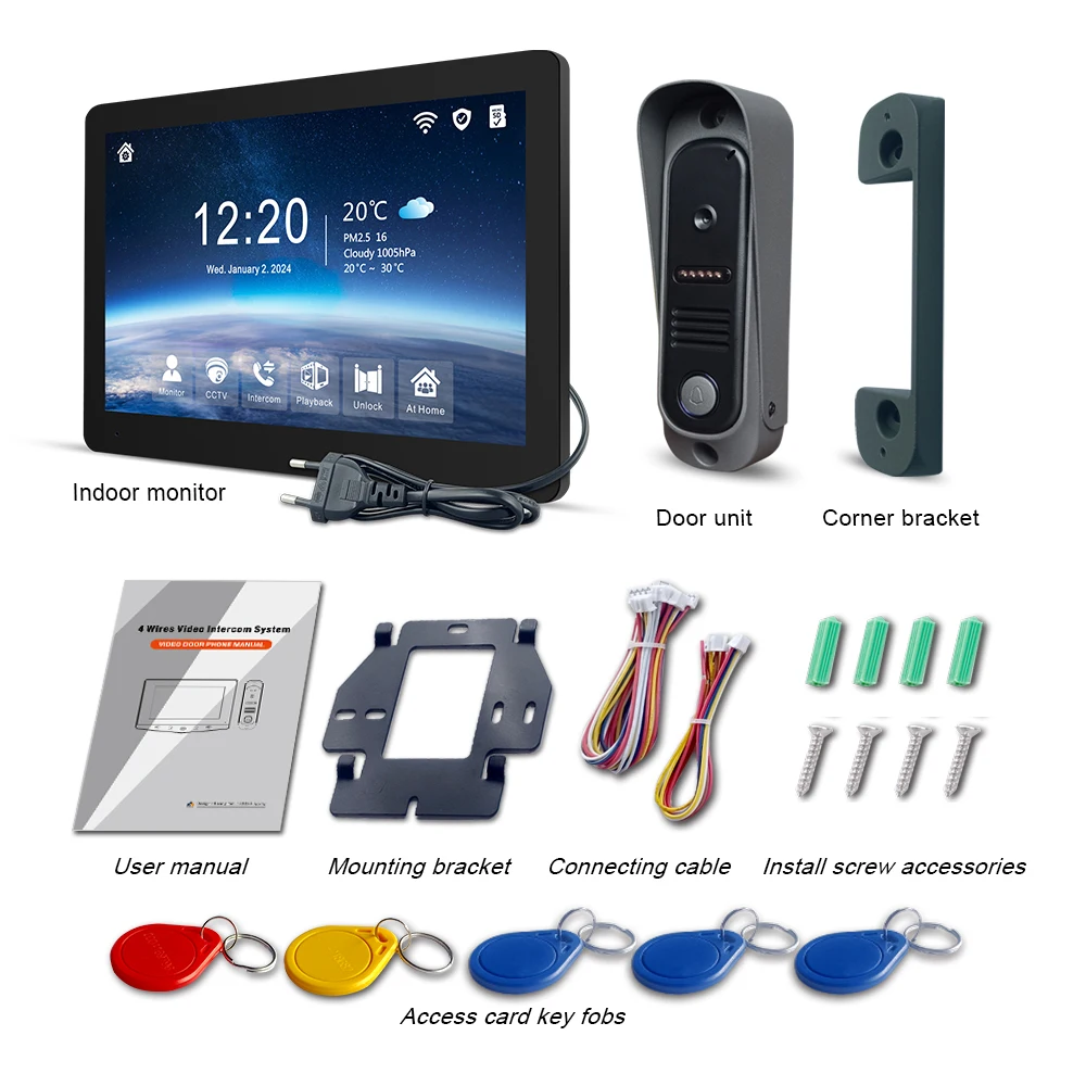 4-wire 10 Inch Tuya 1080P Wifi Smart Video Doorphone Intercom System with Wired Doorbell for home, Card Swipe/TouchScreen