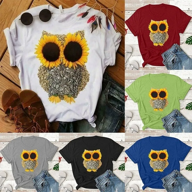 

Sunflower Eyes Owl Print T Shirt Women Short Sleeve O Neck Loose Tshirt Summer Women Tee Shirt Tops Camisetas Mujer