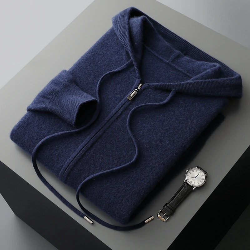Autumn And Winter Hooded Wool Cardigan Men's Sweater Loose Casual Knitted Coat Jacket With Pocket Zipper