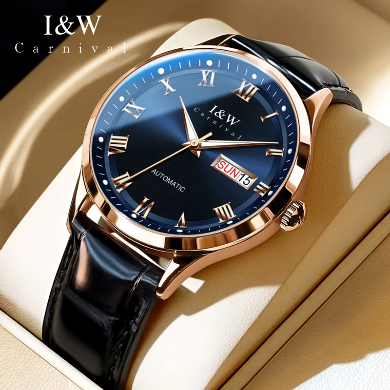 Carnival Brand High-end Imported Movement Mechanical Watch Men Leather Waterproof Luxury Sapphire Week Date Automatic Wristwatch