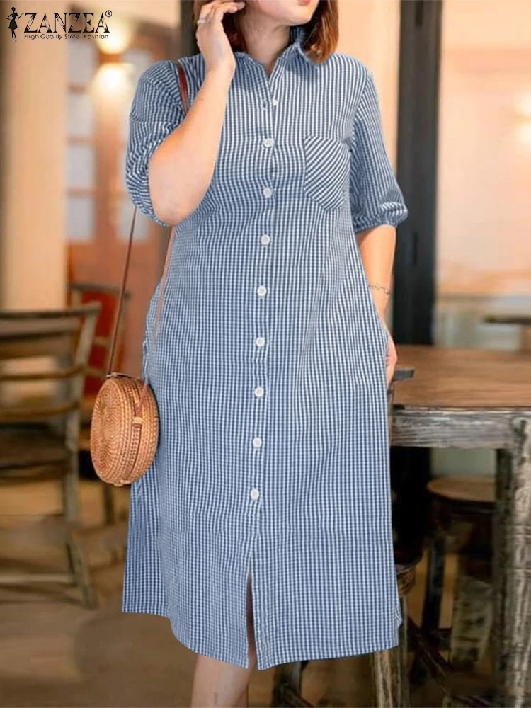 ZANZEA Women Elegant Short Sleeve Work Sundress 2025 Summer Dress Vintage Plaid Checked Dresses Casual Button Down Midi Vestidos