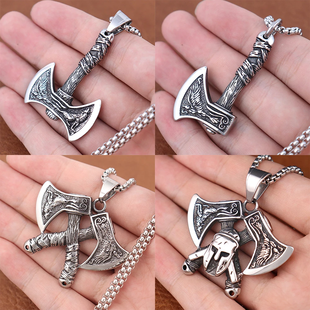 Various Norse Vikings Wolf Axe Pendant Popular Stainless Steel Animal Chain Crow Axe Necklace Punk Rock Jewelry Gift Wholesale