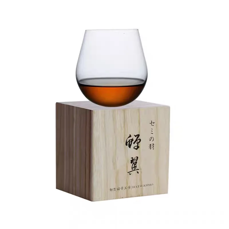 Japanese Hand Blown Whiskey Glass, Ultrathin Cicada Wing Tumbler, Wobble Roly Poly Bourbon Cup with Wooden Gift Box, Edo Glass S