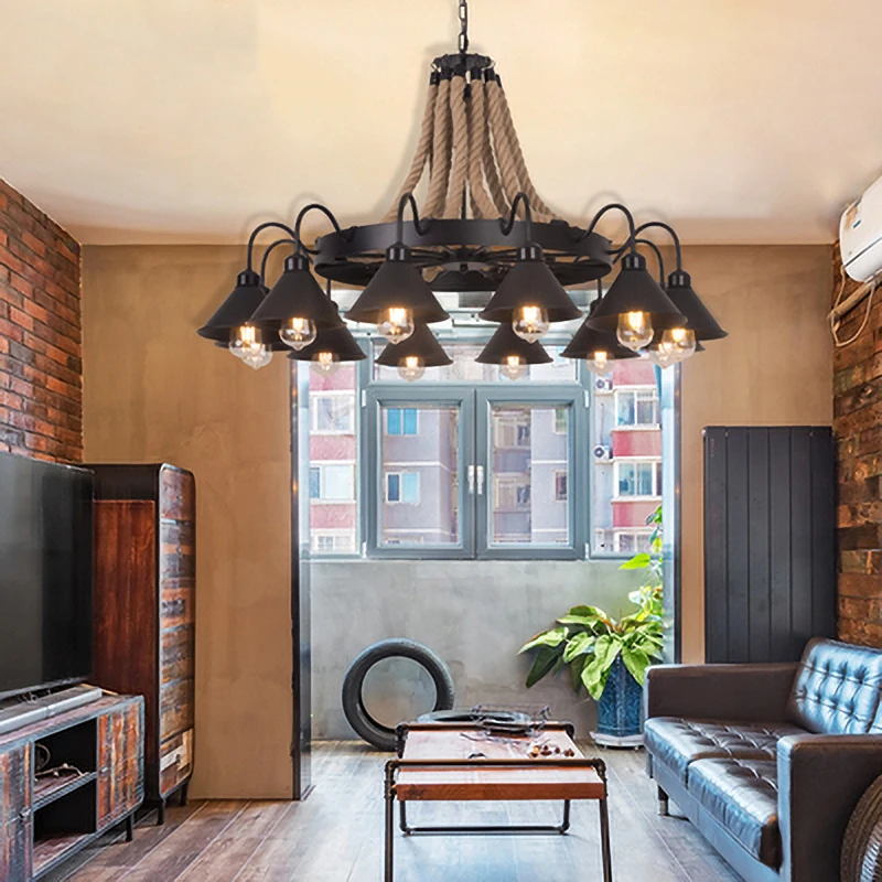 

Mid Century Vintage Hemp Rope Chandeliers Black Wrought Iron Pendant Lights Living Room Bedroom Kitchen Restaurant Hanging Lamps