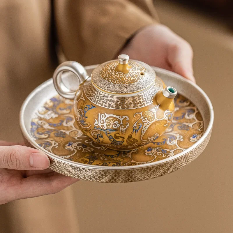 

110ML Hand-painted 999 Silver Longteng Four Seas Teapot High-end Household Grip Pot Ceramic Kung Fu TeaSet Brewing Teapot Holder