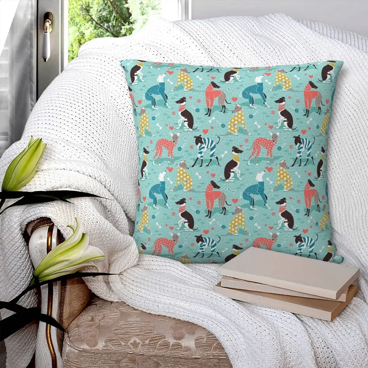 Greyhounds Dogwalk Aqua Background Pillowcase Polyester Pillows Cover Cushion Comfort Throw Pillow Sofa Decorative Cushions Used