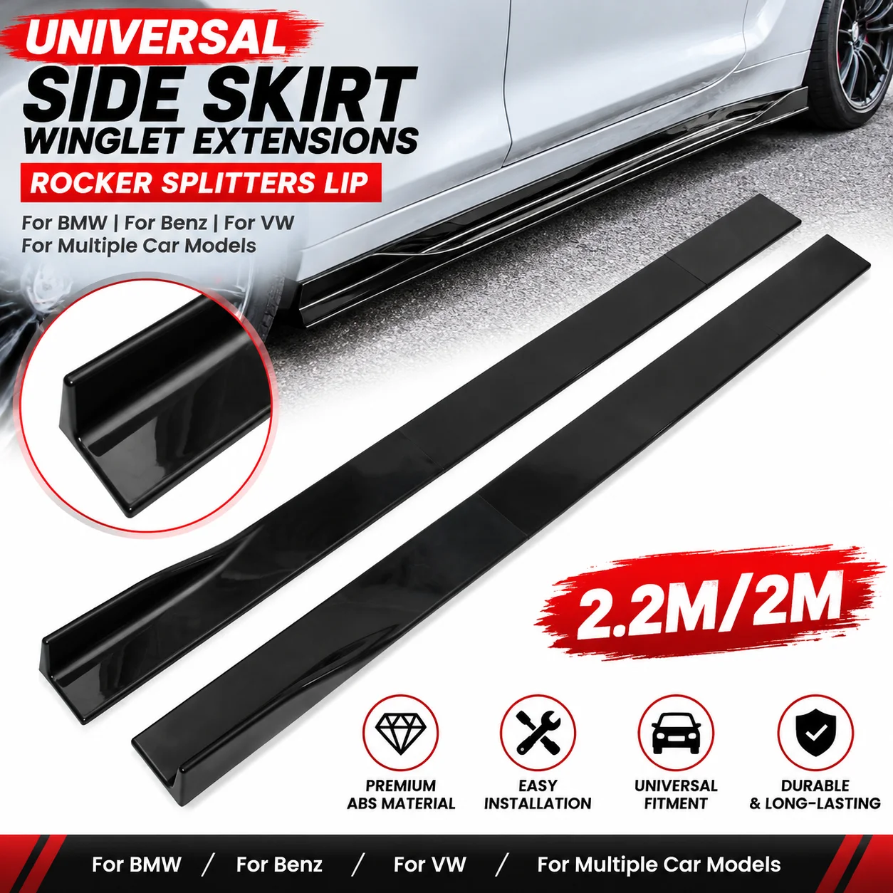 2.2m/2m Universal Black Car Side Skirt Winglet Extensions Rocker Splitters Lip For BMW For Benz For VW For Multiple Car Models