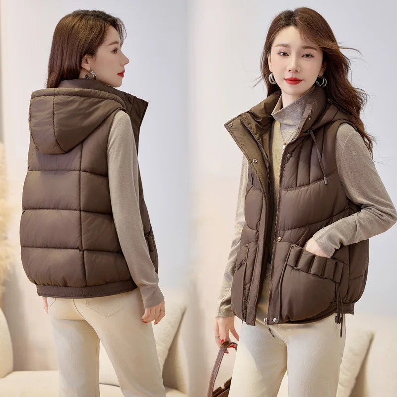 

Съемный утепленный жилет с капюшоном для женщин, осенне-зимняя короткая куртка, новый свободный универсальный хлопковый жилет, верхняя одежда, женский жилет-безрукавка