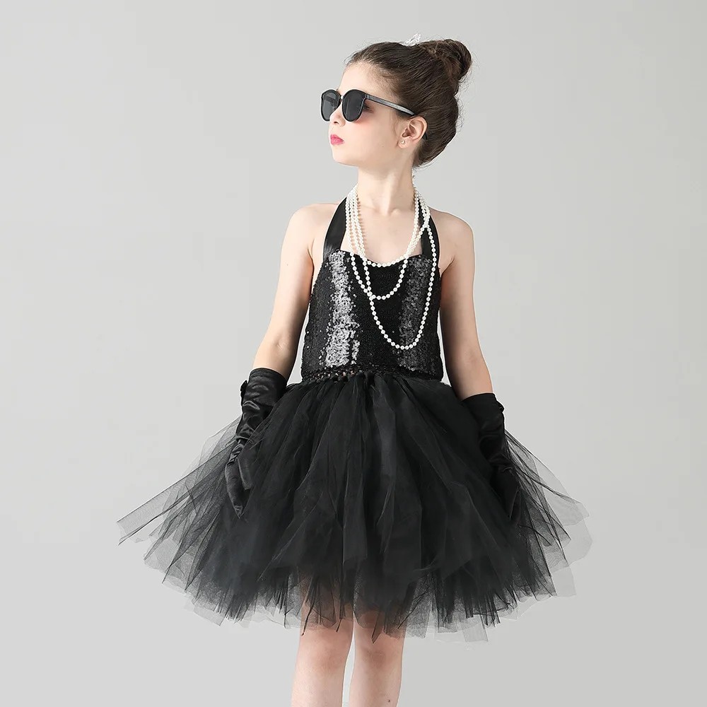 Halloween Sequin Black Tutu Dress for Girls Kids Sleeveless Long Dress Children Host Stage Outfit Formal Event Mesh Party Gown