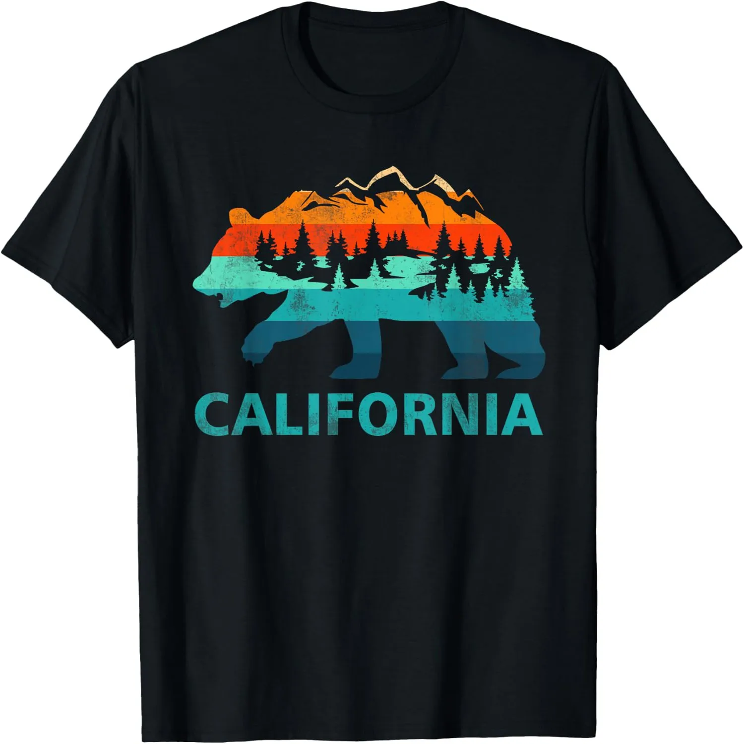 California Bear Retro Mountain Forest Sunset Vintage Graphic T-Shirt
