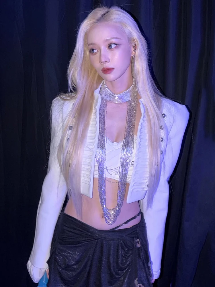 Weird Puss Doppelreihiger Dekor-Crop-Mantel für Damen, vorne offen, lange Ärmel, modisch, für Musikfestivals, Hottie, Herbst-Streetwear – Detail 19