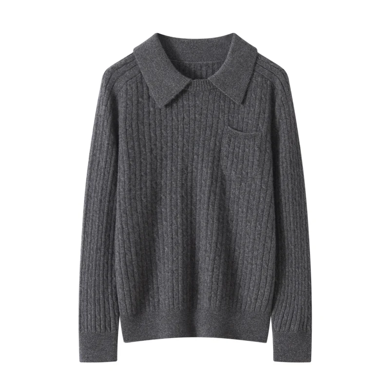 High quality women's 100% pure cashmere pullover luxury brand solid knitted sweater loose POLO collar Tops Pull Jumper thick