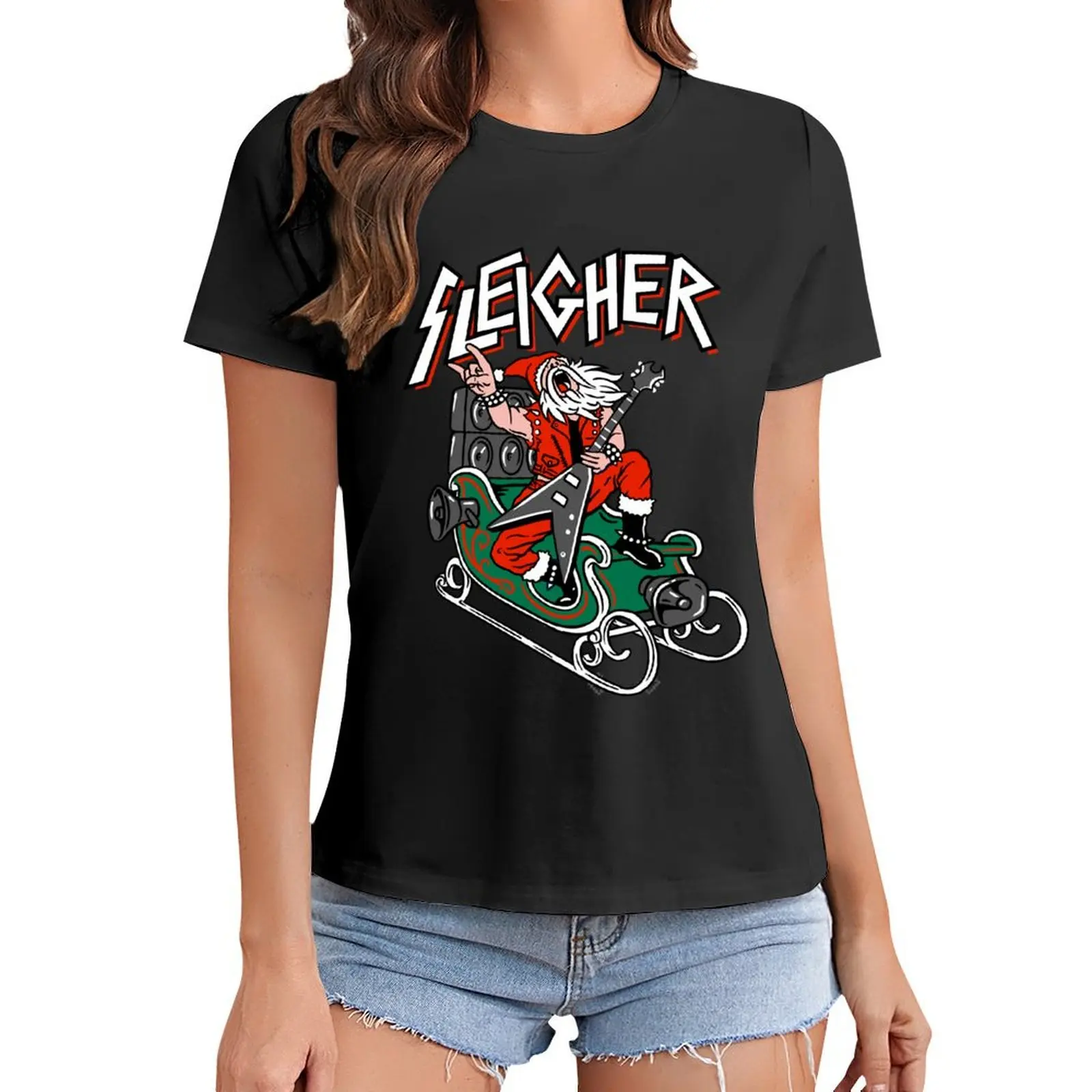 

Ugly Christmas Sweater Sleigher - Heavy Metal Santa T-Shirt graphics sweat customizeds t shirt for Women