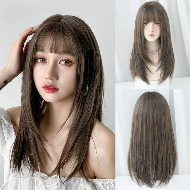 

Synthetic Layered Cool Brown Women Daily High Density Long Straight Hair Neat Bangs Heat Resistant Wigs