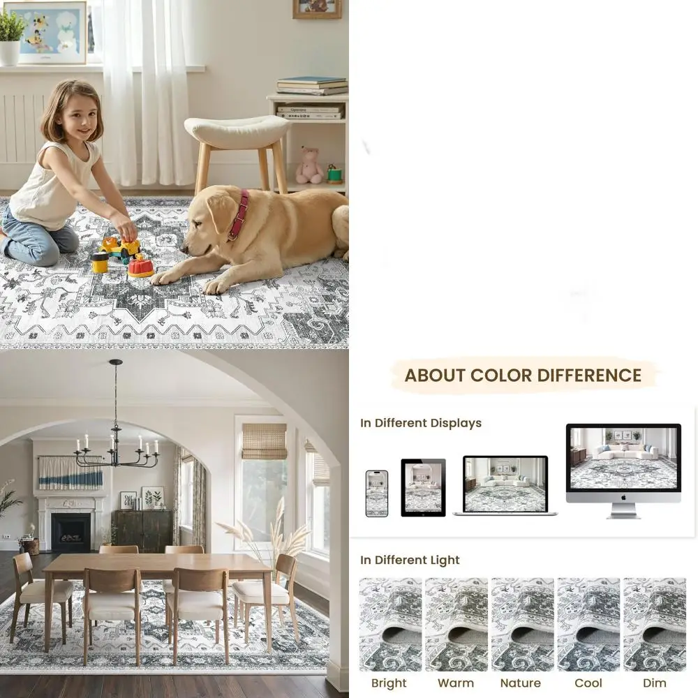 Grey 8x10 Stain-Resistant, Washable Neutral Rug for Living Room & Bedroom, Vintage Style, Non-Slip Large Area Rug