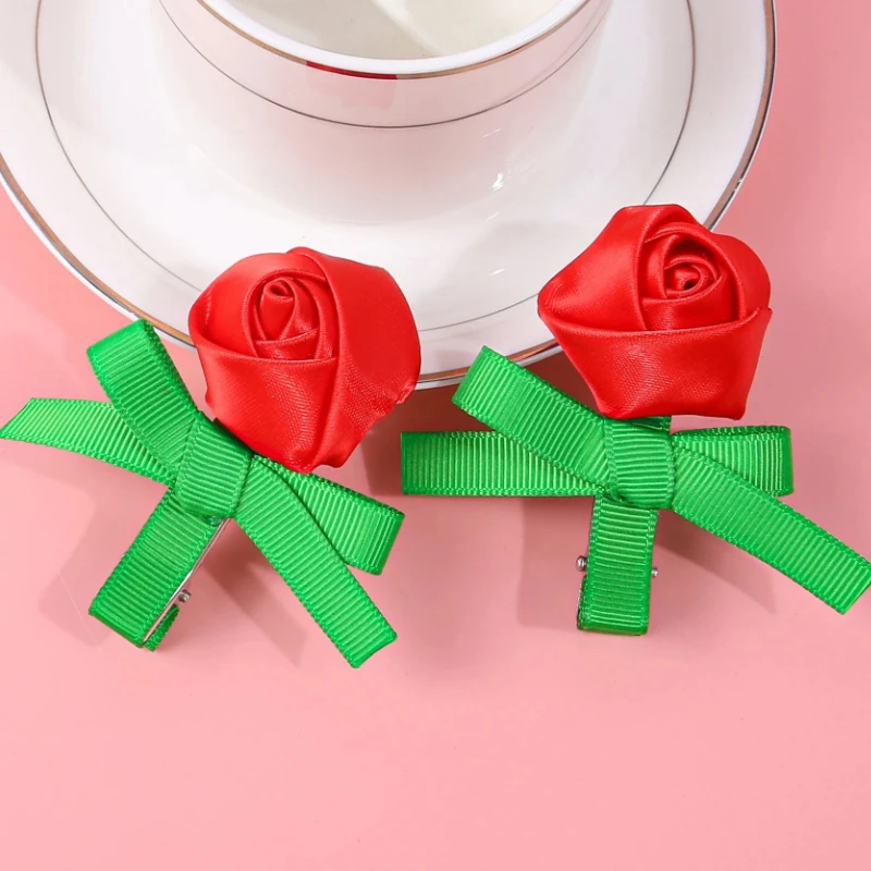 

2 шт., заколки для волос с цветком розы для девочек и женщин, милые заколки с цветочным принтом на день святого Валентина, заколки для волос для детей, аксессуары для волос