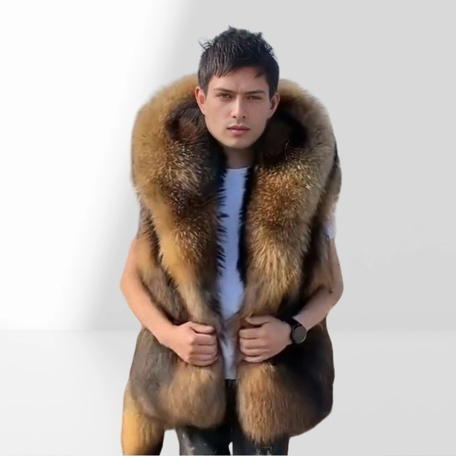 Real Raccoon Fur Vest With Hood Cropped Fur Jacket With Tail Natural Raccoon Fur Coat For Men High Quality Genuine Fur Waistcoat