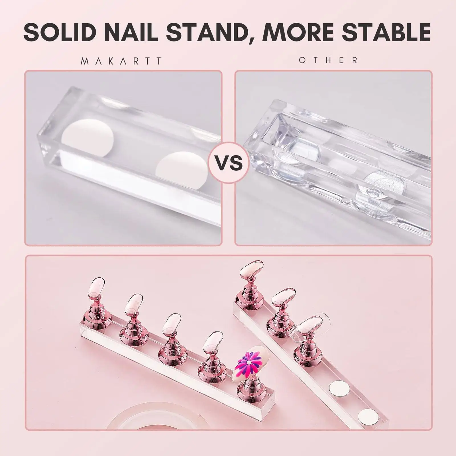2 Boxes Nail Display Stand in Rose Manicure Pink with 3m Transparent Double-Sided Tape | Nail Practice Holder Base with Diamond