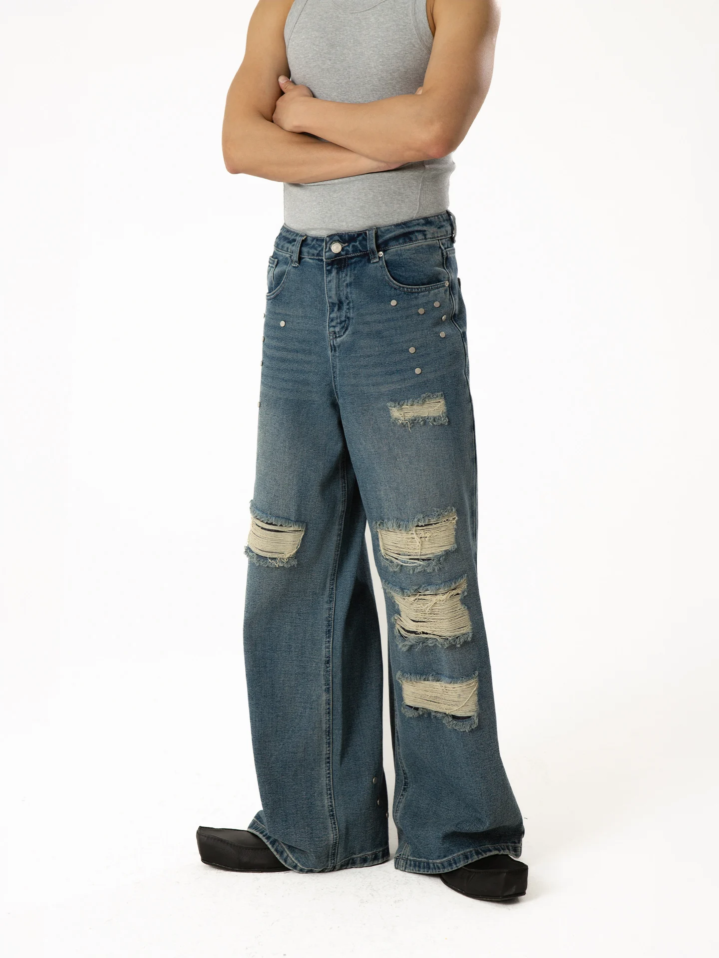

Ripped Double Layer Vintage Washed Loose Straight Leg Men's Jeans CLP Blue Distressed Rivet Wide Leg Retro Washed Trendy Y2K