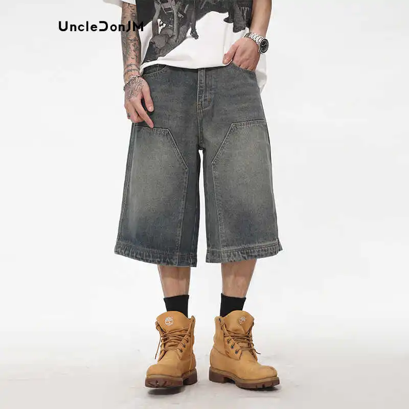 

Retro Washed Calf-length Pants Distressed Loose Jorts Street Wear Wide Leg Jeans