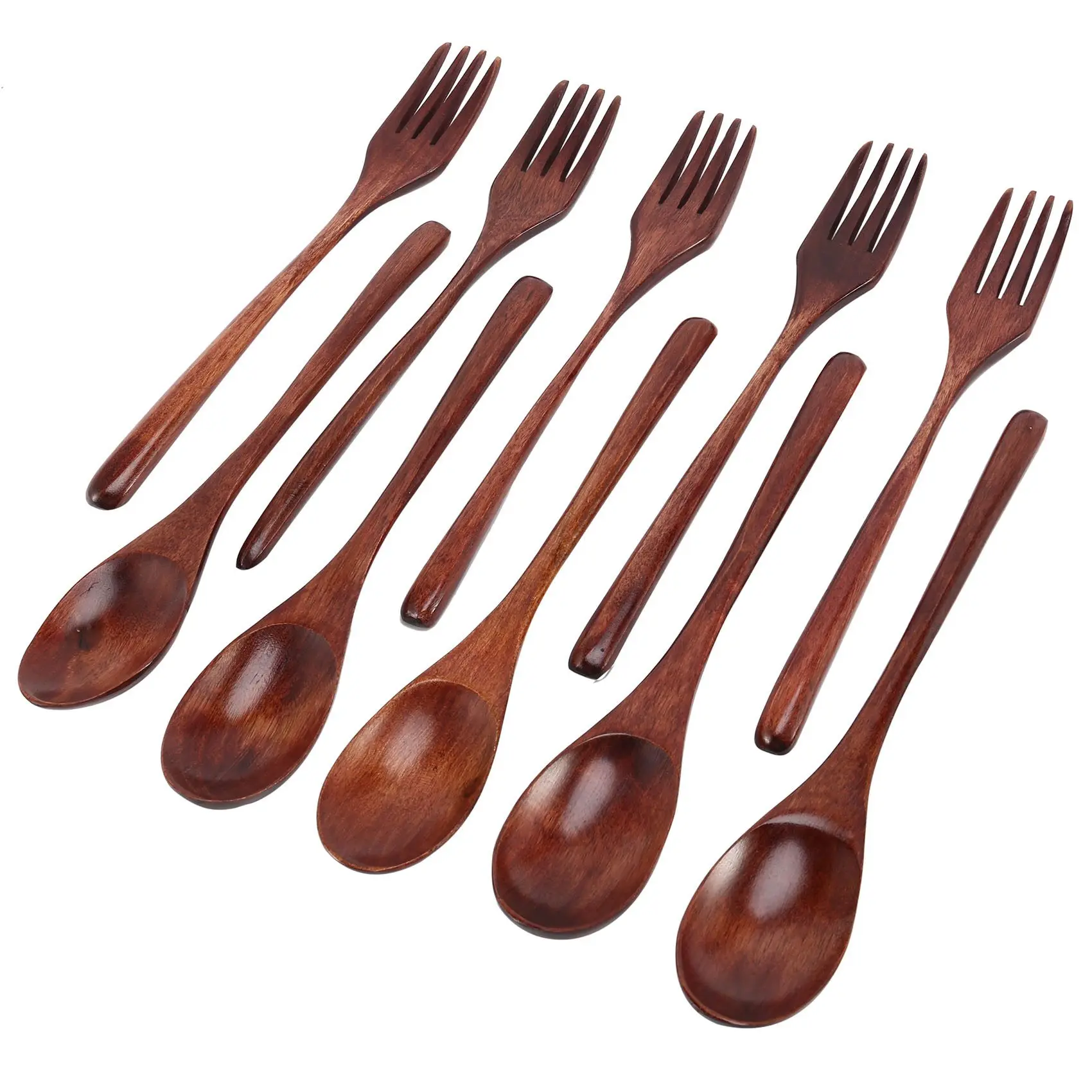 10 Pcs Wooden Spoons Forks Set Wooden Utensil Set Reusable Natural Wood Flatware Set for Cooking Stirring Eating